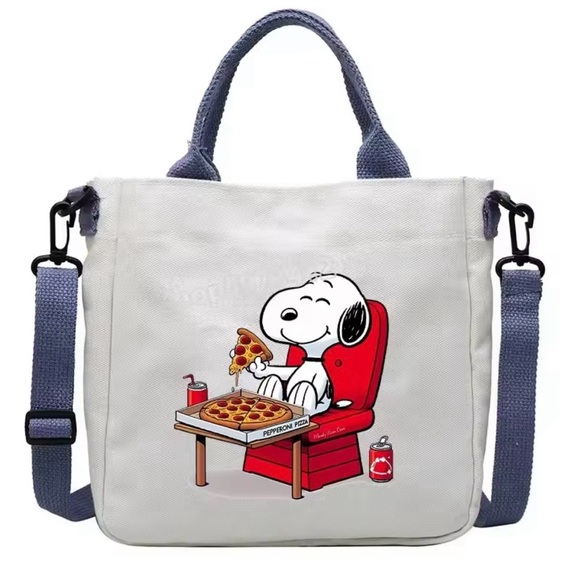 Snoopy Handbags - White Tote Bag with Cartoon Print